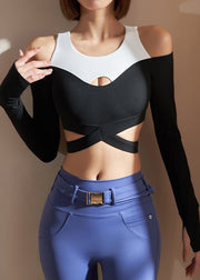 Simple Black White Patchwork Hollow Out Fake Two Pieces Spring Yoga Tops