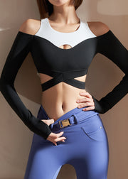 Simple Black White Patchwork Hollow Out Fake Two Pieces Spring Yoga Tops