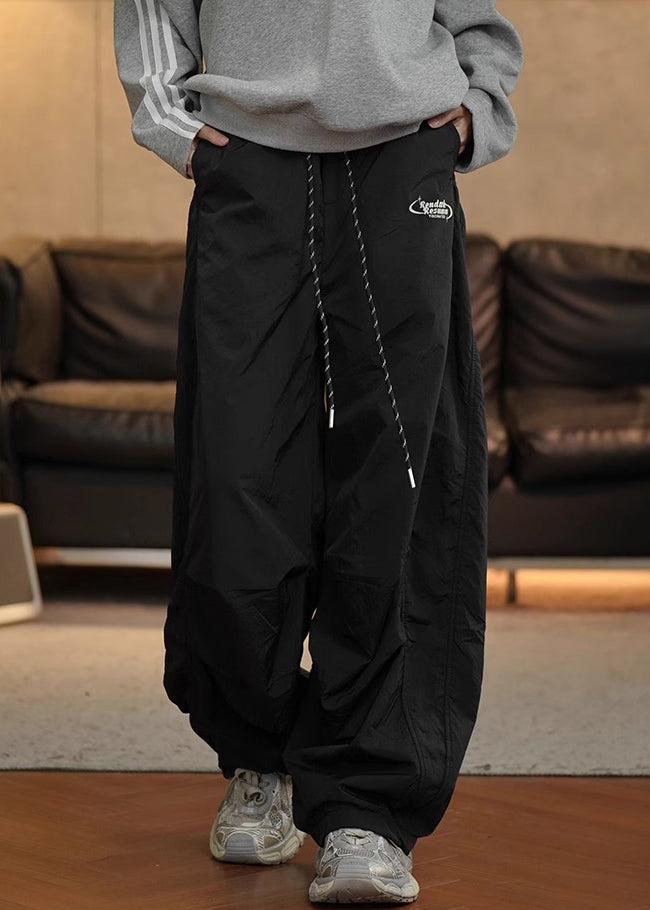 Simple Black Wrinkled Elastic Waist Cotton Men Pants Spring