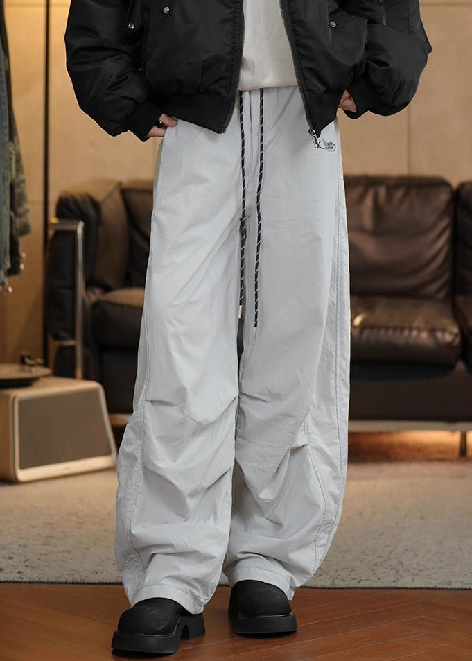 Simple Black Wrinkled Elastic Waist Cotton Men Pants Spring