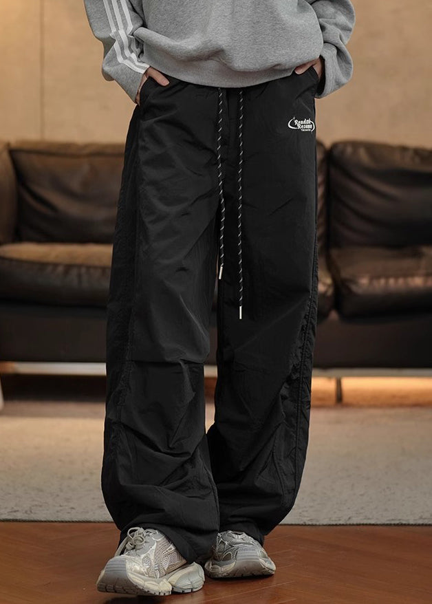 Simple Black Wrinkled Elastic Waist Cotton Men Pants Spring