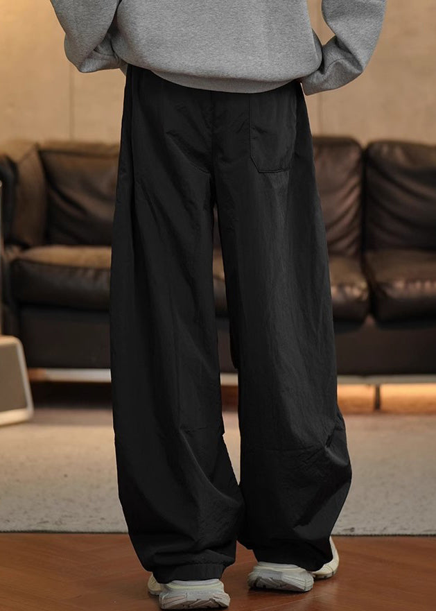 Simple Black Wrinkled Elastic Waist Cotton Men Pants Spring