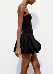 Simple Black Wrinkled High Waist Cotton Spaghetti Strap Dress Summer