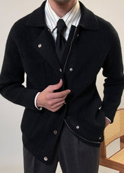 Simple Black Zip Up Pockets Solid Cotton Knit Men Coat