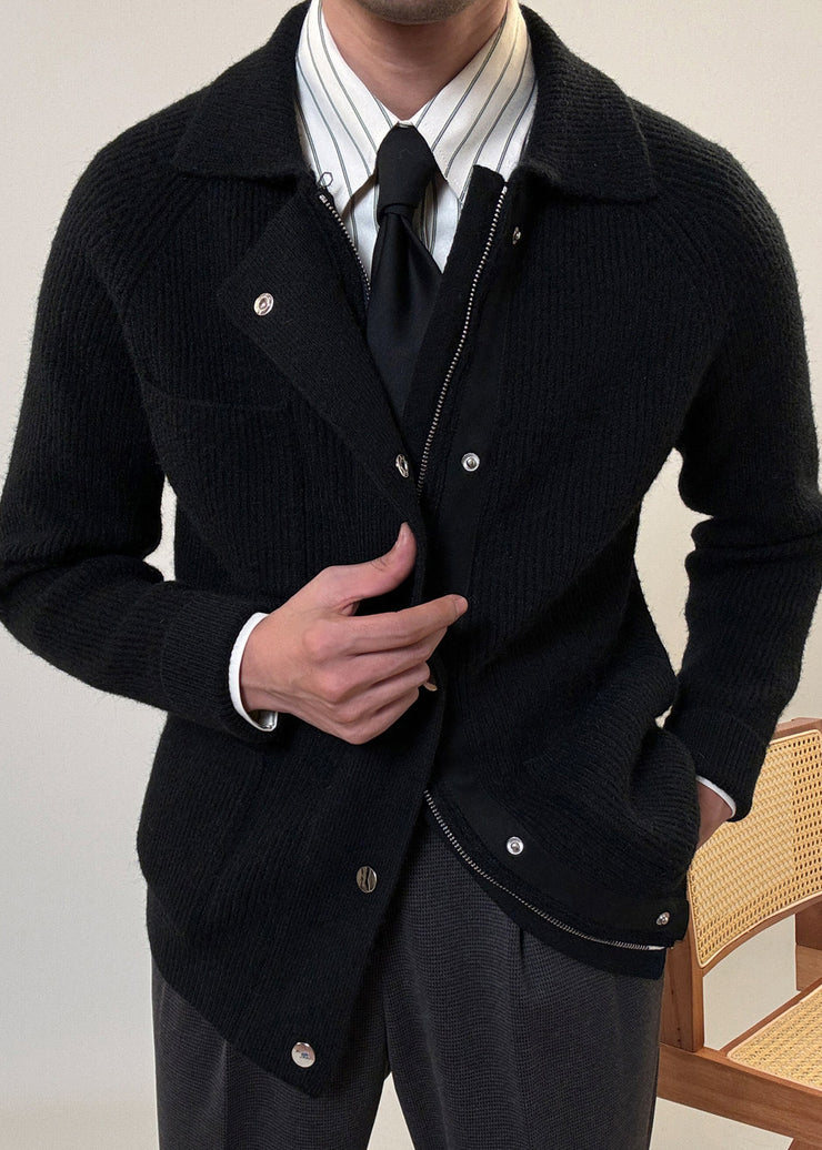Simple Black Zip Up Pockets Solid Cotton Knit Men Coat