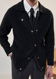 Simple Black Zip Up Pockets Solid Cotton Knit Men Coat