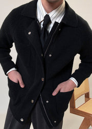 Simple Black Zip Up Pockets Solid Cotton Knit Men Coat