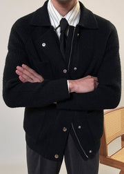 Simple Black Zip Up Pockets Solid Cotton Knit Men Coat