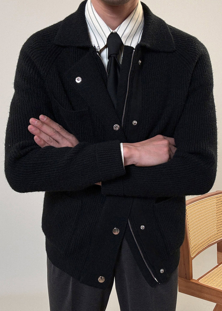 Simple Black Zip Up Pockets Solid Cotton Knit Men Coat