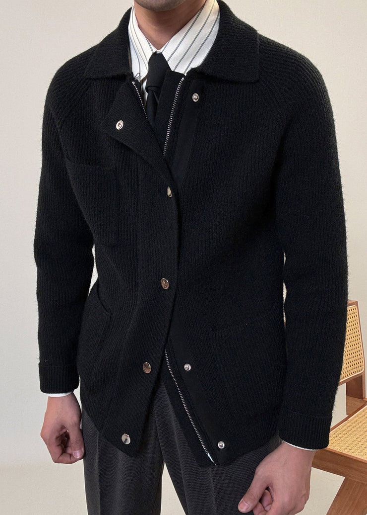 Simple Black Zip Up Pockets Solid Cotton Knit Men Coat