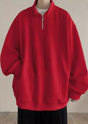 Simple Black Zip Up Pockets Solid Cotton Mens Sweatshirt Spring
