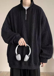 Simple Black Zip Up Pockets Solid Cotton Mens Sweatshirt Spring