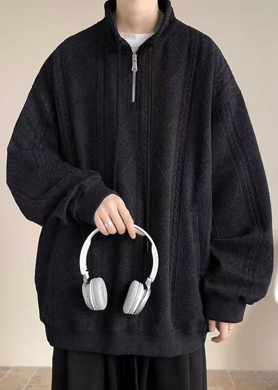Simple Black Zip Up Pockets Solid Cotton Mens Sweatshirt Spring