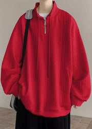 Simple Black Zip Up Pockets Solid Cotton Mens Sweatshirt Spring