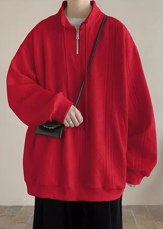 Simple Black Zip Up Pockets Solid Cotton Mens Sweatshirt Spring