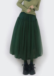 Simple Blackish Green Ruffled Elastic Waist Tulle Skirts Fall