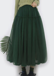 Simple Blackish Green Ruffled Elastic Waist Tulle Skirts Fall