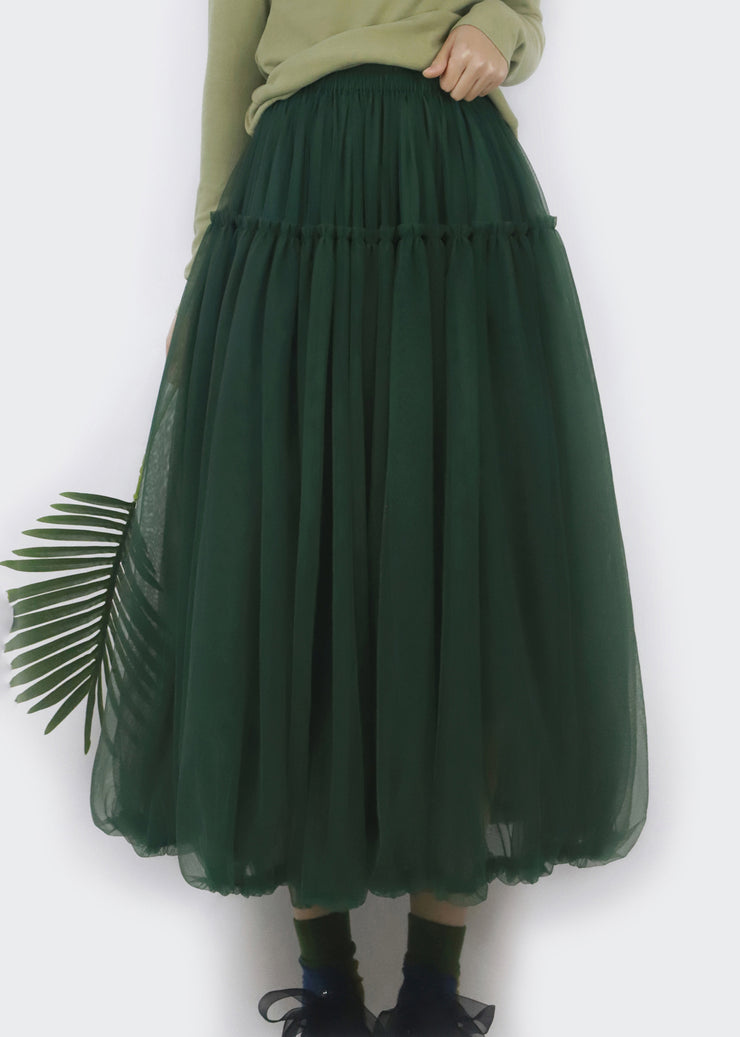 Simple Blackish Green Ruffled Elastic Waist Tulle Skirts Fall