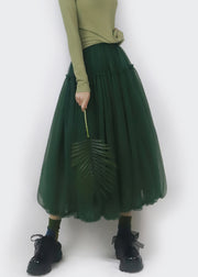 Simple Blackish Green Ruffled Elastic Waist Tulle Skirts Fall