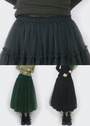 Simple Blackish Green Ruffled Elastic Waist Tulle Skirts Fall