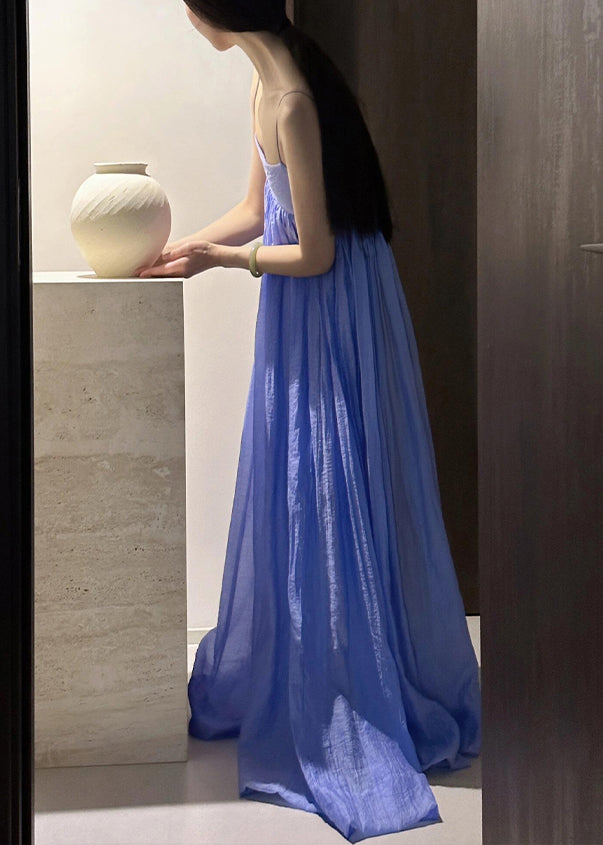 Simple Blue Backless Wrinkled Cotton Spaghetti Strap Dress Sleeveless