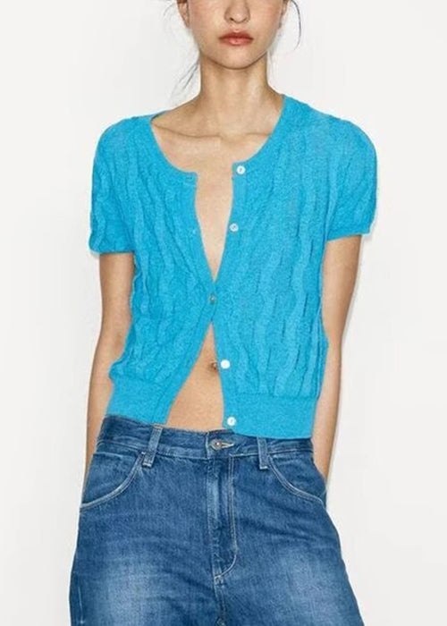 Simple Blue Button Hollow Out Knit T Shirt Summer