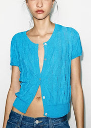 Simple Blue Button Hollow Out Knit T Shirt Summer