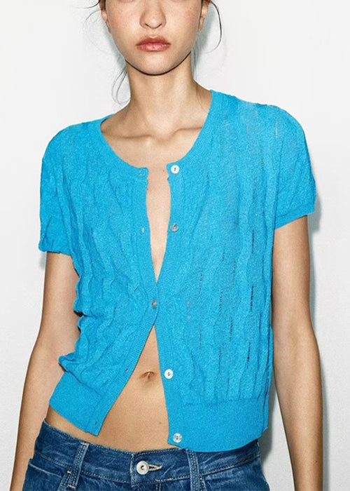 Simple Blue Button Hollow Out Knit T Shirt Summer