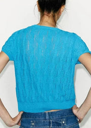 Simple Blue Button Hollow Out Knit T Shirt Summer