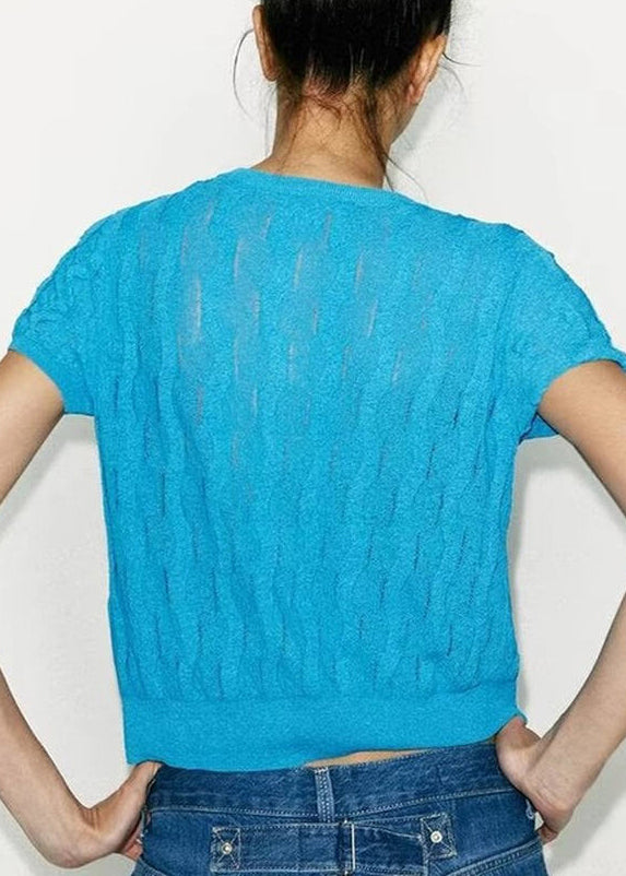 Simple Blue Button Hollow Out Knit T Shirt Summer
