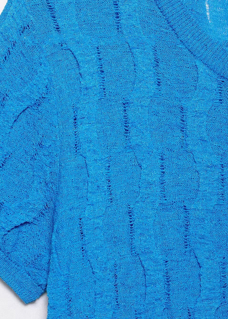 Simple Blue Button Hollow Out Knit T Shirt Summer