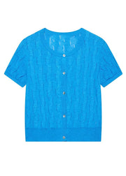 Simple Blue Button Hollow Out Knit T Shirt Summer