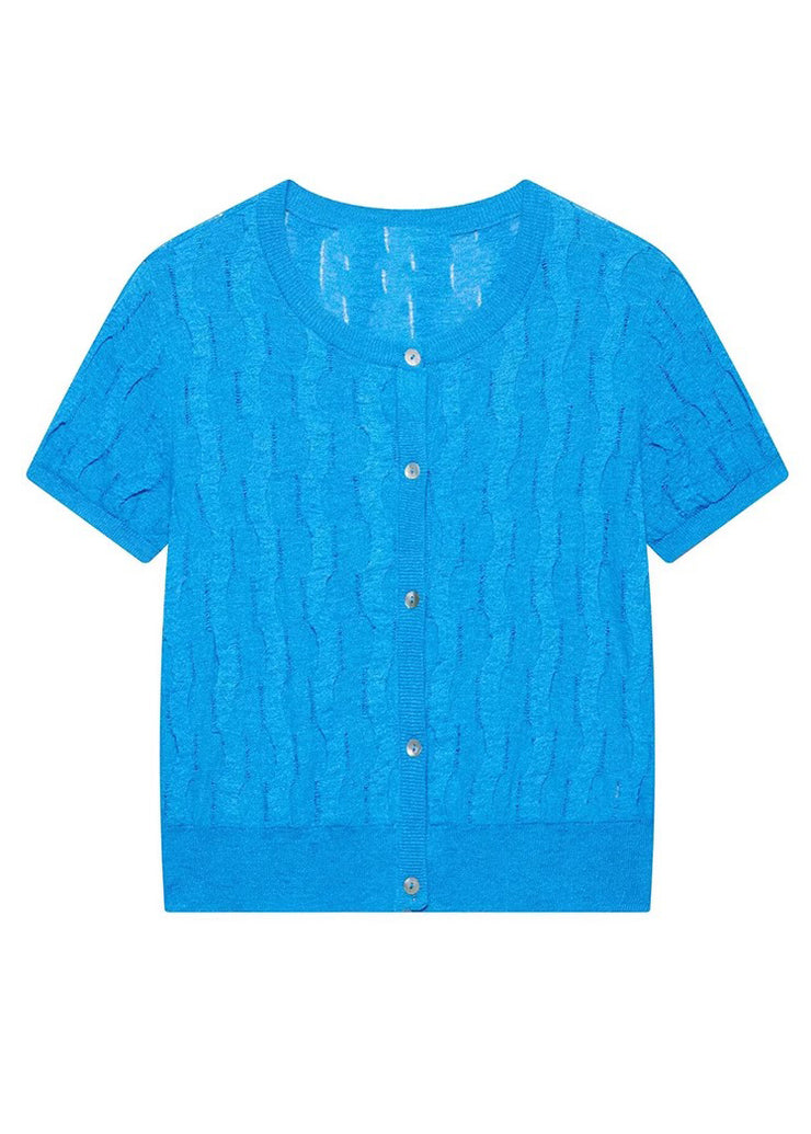 Simple Blue Button Hollow Out Knit T Shirt Summer