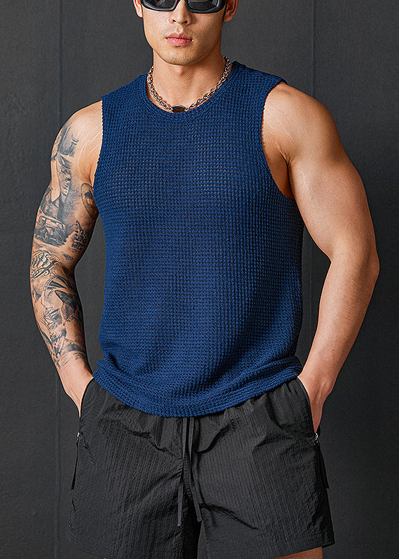 Simple Blue Hollow Out Solid Knitting Cotton Men Tank Summer