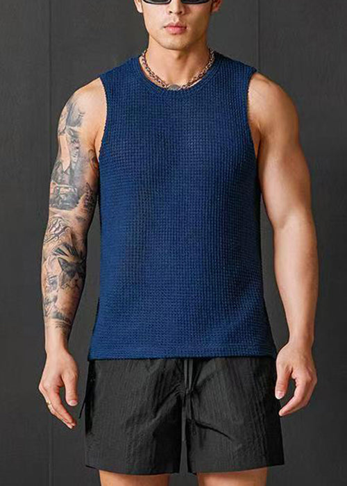 Simple Blue Hollow Out Solid Knitting Cotton Men Tank Summer