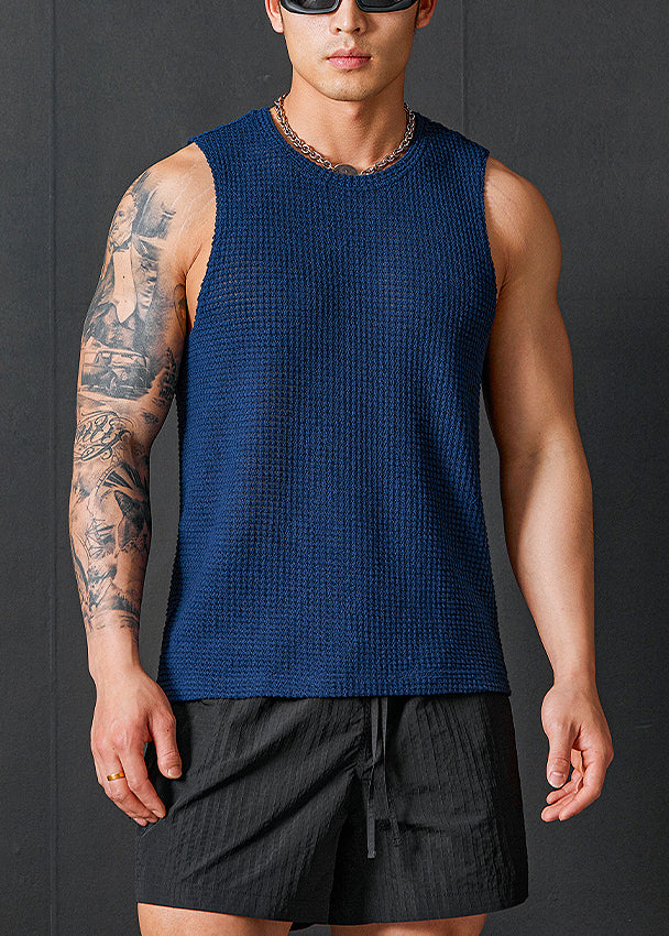 Simple Blue Hollow Out Solid Knitting Cotton Men Tank Summer