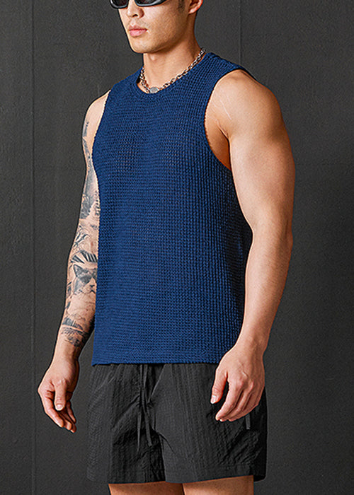 Simple Blue Hollow Out Solid Knitting Cotton Men Tank Summer