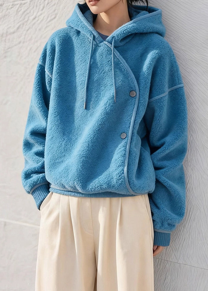 Simple Blue Hooded Cozy Solid Fluffy Sweatshirts Winter