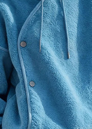 Simple Blue Hooded Cozy Solid Fluffy Sweatshirts Winter