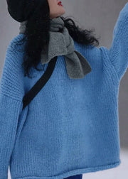 Simple Blue O-Neck Cozy Thick Cotton Knit Sweater Long Sleeve
