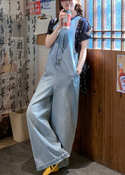 Simple Blue O-Neck Pockets Denim Jumpsuit Sleeveless
