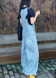 Simple Blue O-Neck Pockets Denim Jumpsuit Sleeveless