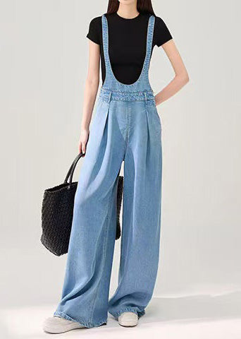 Simple Blue Oversized Denim Wide Leg Pants Jumpsuit Fall