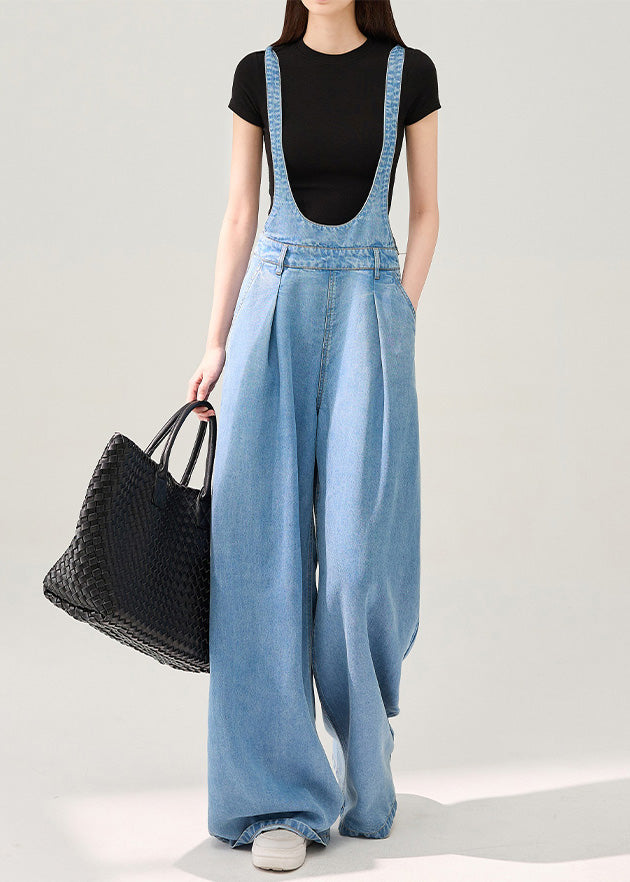 Simple Blue Oversized Denim Wide Leg Pants Jumpsuit Fall