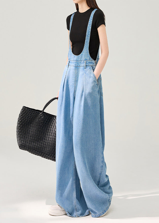 Simple Blue Oversized Denim Wide Leg Pants Jumpsuit Fall