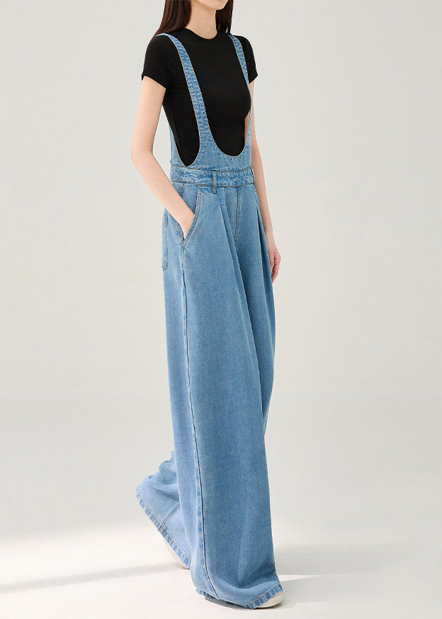Simple Blue Oversized Denim Wide Leg Pants Jumpsuit Fall