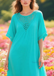 Simple Blue Oversized Hollow Out Cotton Long Dress Summer