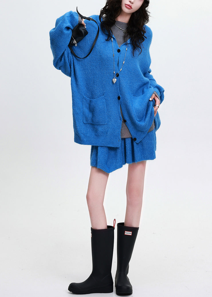 Simple Blue Oversized Pockets Knit Cozy Sets 2 Pieces Spring