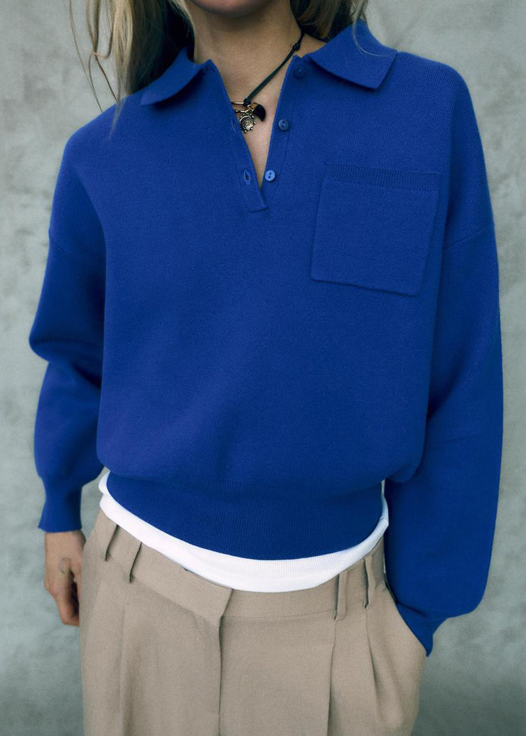 Simple Blue Peter Pan Collar Button Cotton Sweatshirt Fall