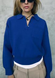 Simple Blue Peter Pan Collar Button Cotton Sweatshirt Fall